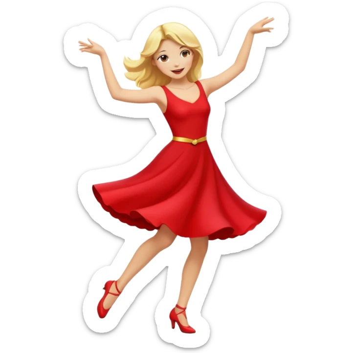 a yellow-blonde woman dancing wearing a red dress, in flat emoji / Apple style, smooth shapes, glossy highlights, bright saturated colors, simple features, minimal details, no outlines, red clothes flowing, joyful pose
 sticker
