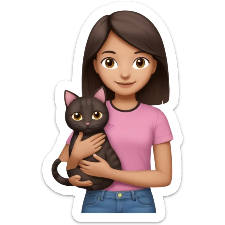 As una chica con piel marron claro con el pelo  medio largo color marron oscuro que tenga la chica una camiseta rosada mangas cortas con un jean claro que tenga ojos marrones la chica que la chica este sonriendo mientras sostiene entre sus brazos 1 gato negro gordito. sticker