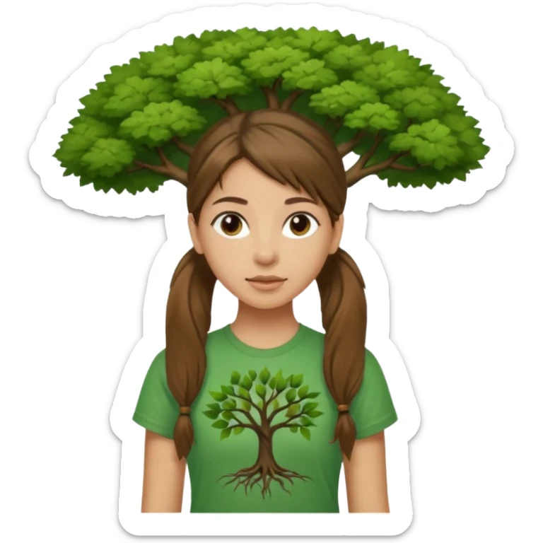 Make a zumba coach emoji, brown eyes, brown hair girl, green shirt with the "the roots" on it, longer pony tail hair, add tree logo on to the green shirt sticker