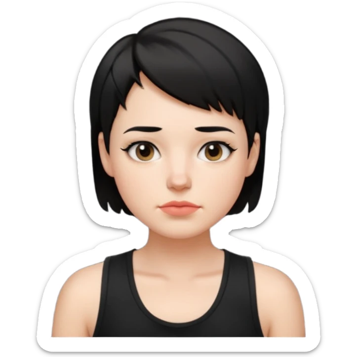 a white woman with short tomboy black hair with mole on top of her lip wearing men's black tank top sticker