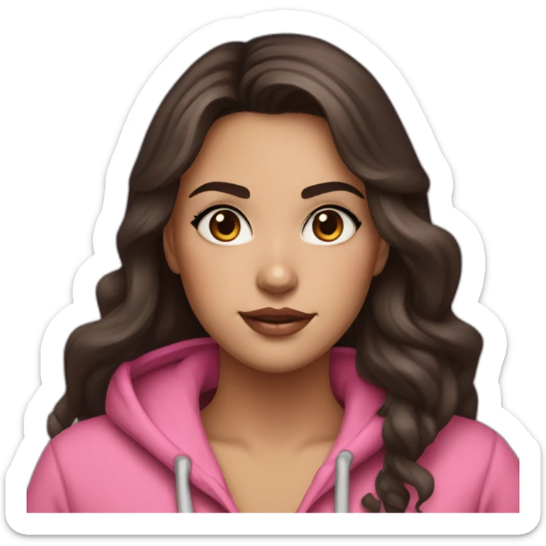 Women with long wavy dark brown hair and long eyelashes dark brown eyes with pink cheeks and pink lips and thick dark brown eyebrows wearing a hoody sticker