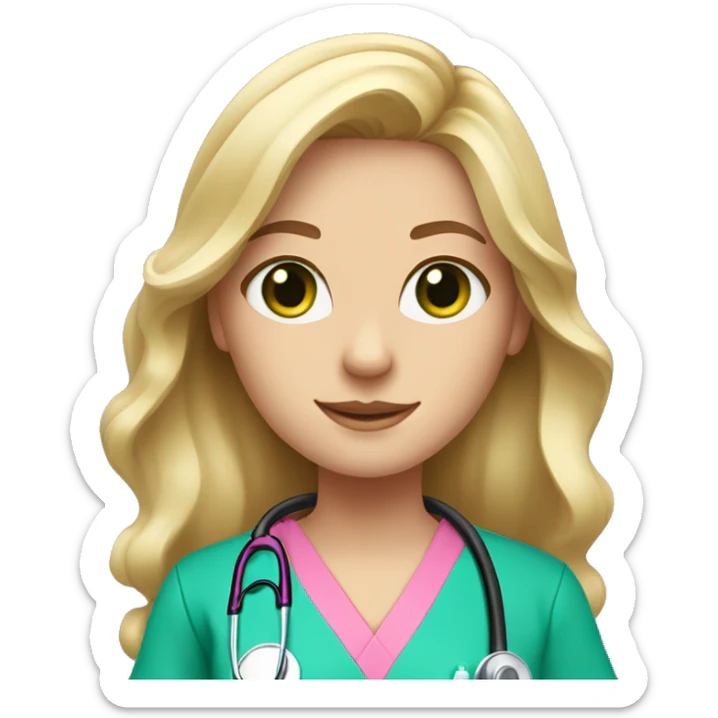 pale blonde girl with long wavy hair and green eyes wearing pink scrubs and stethoscope  sticker