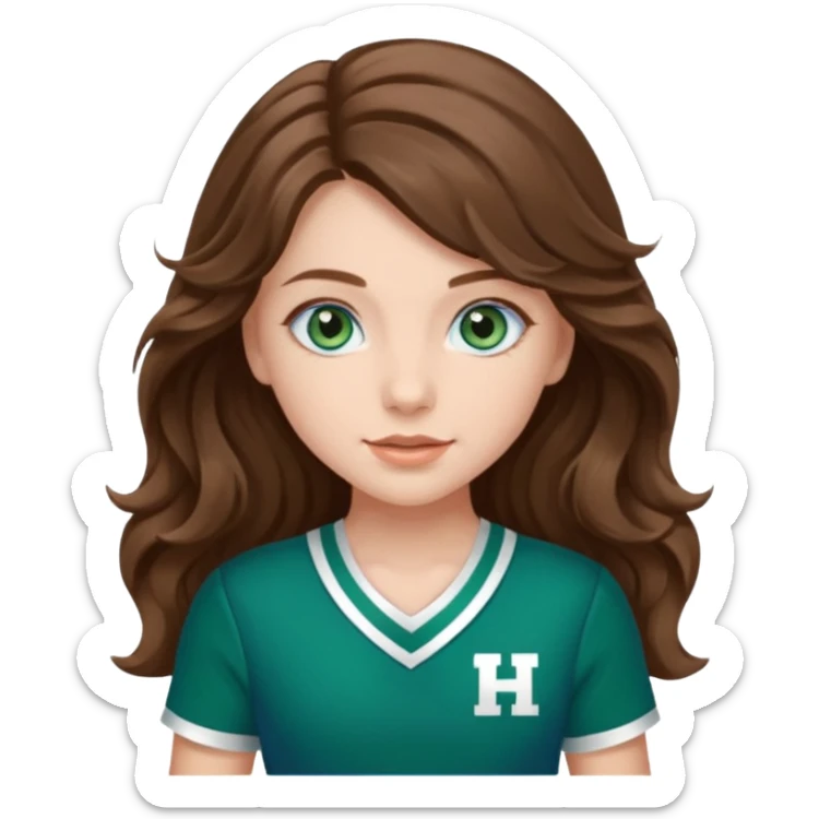 A pretty girl with BLUE EYES, brown long wavy hair, and wear green Hawkins cheerleader uniform sticker