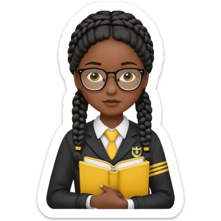 Girl student wearing uniform, glasses, hold yellow book in front of their chest, black braided hair, dark skin sticker