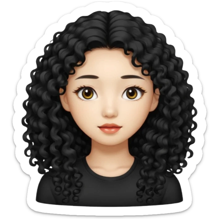 Korean woman with black cute long curly hair  with a black top with long lashes sticker