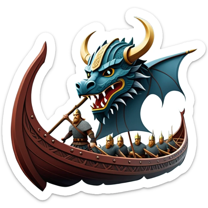 clash-of-clans-aesthetic_-cinematic-viking-longboat, rendered in a flat, bold vector style with minimal shading, featuring a striking dragon-headed prow slicing through icy, churning waters. shields on the side and vikings rowing The longboat’s intricately detailed shields and carved motifs evoke a sense of epic adventure and Nordic might, with billowing sails catching a dramatic, stormy sky backdrop. sticker