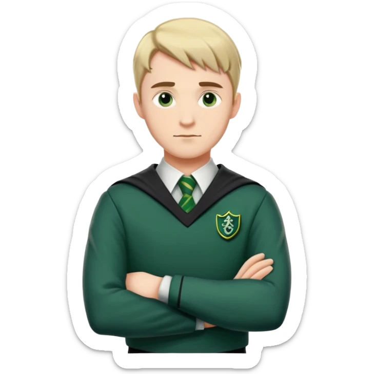 An adult man slightly to the side looking forward with crossed arms wearing the Slytherin uniform sticker