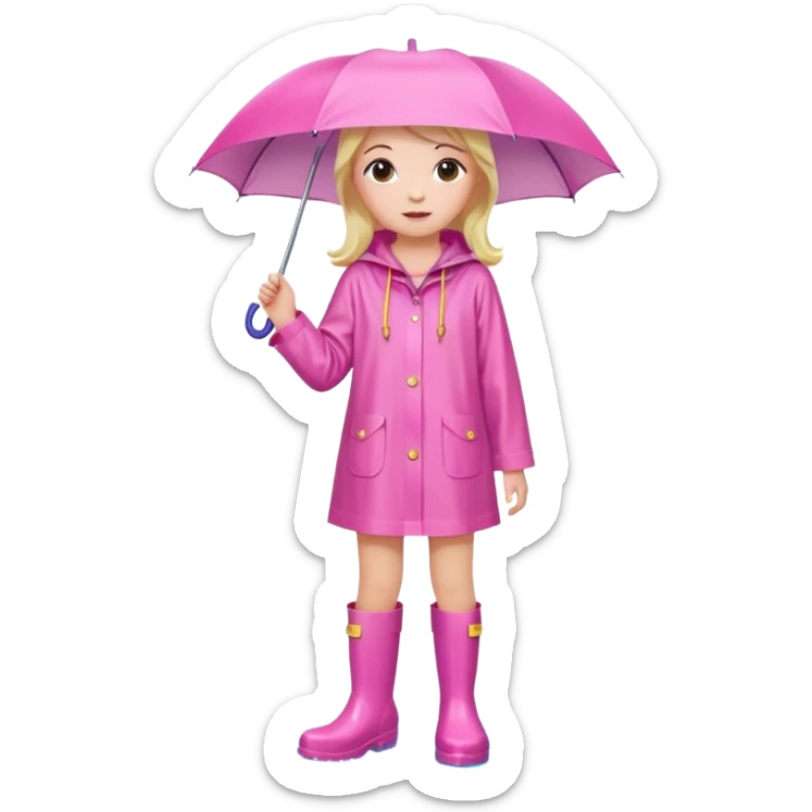 Girl in Pink wide dress raincoat pink rainboots in rain sticker