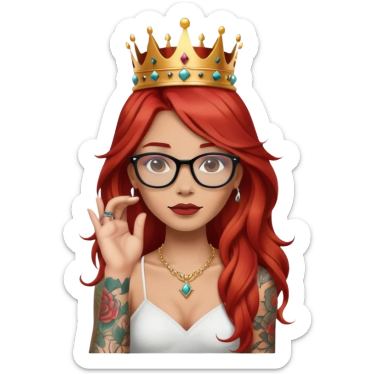 Beautiful girl, long red hair, tattoos, glasses and a crown cartoon sticker