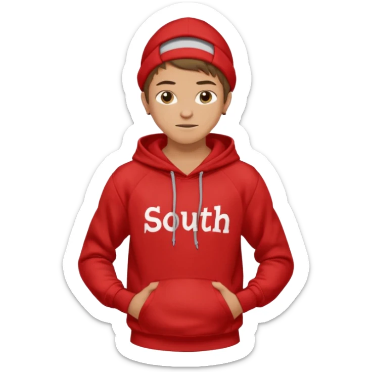make me an emoji of an americain 19 yearold boy in a red hoodie that says "south" on it and give him with tan skin with his hands in his hands in his pocket wth a small smile flexing his muscles sticker