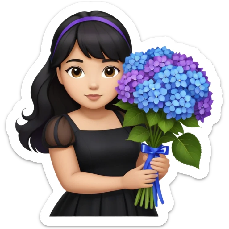Latina girl with bangs black long hair in pony tail plus size black dress holding a blue and purple bouquet of hydrangeas sticker