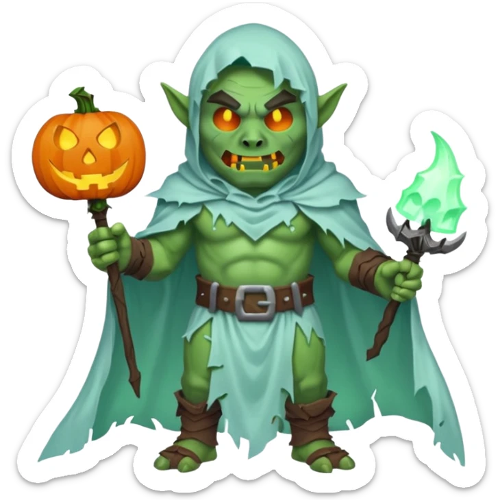 male orc warrior ghost emoji, green skin, tusks, wearing torn white ghost sheet costume, holding glowing jack-o'-lantern, faint blue aura, friendly but spooky expression, Halloween fantasy theme, Apple emoji style, clean white background, square sticker