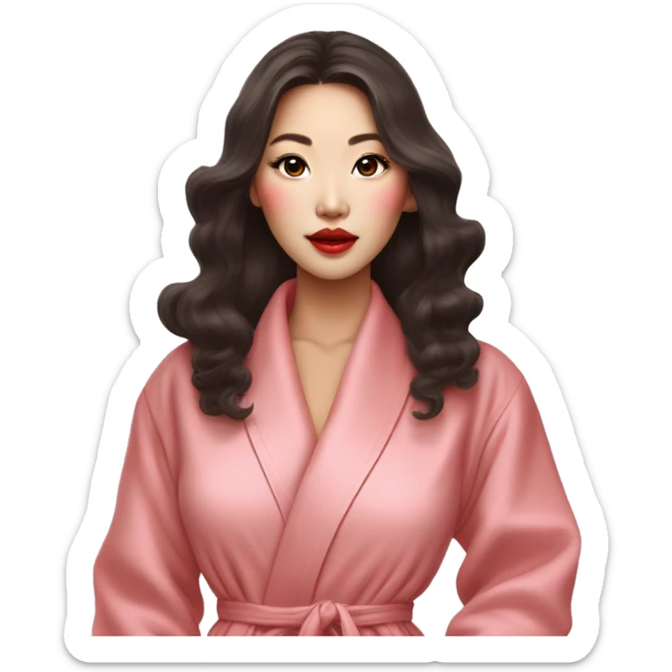 a beautiful korean woman with big lips, long eyelashes and long curled hair paints her lips with terracotta lipstick, she is dressed in a pink luxury housecoat sticker