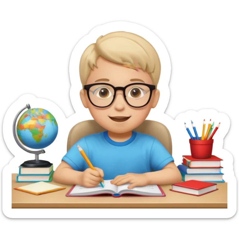 un niño de entre 3 - 10 años estudiando ingles, un destello de luz o colores más vivos para el niño que estudia en su habitacion feliz  sticker