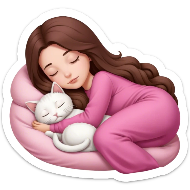 A pretty white girl with very long brown hair and pink clothing sleeping curled up to a white cat  sticker