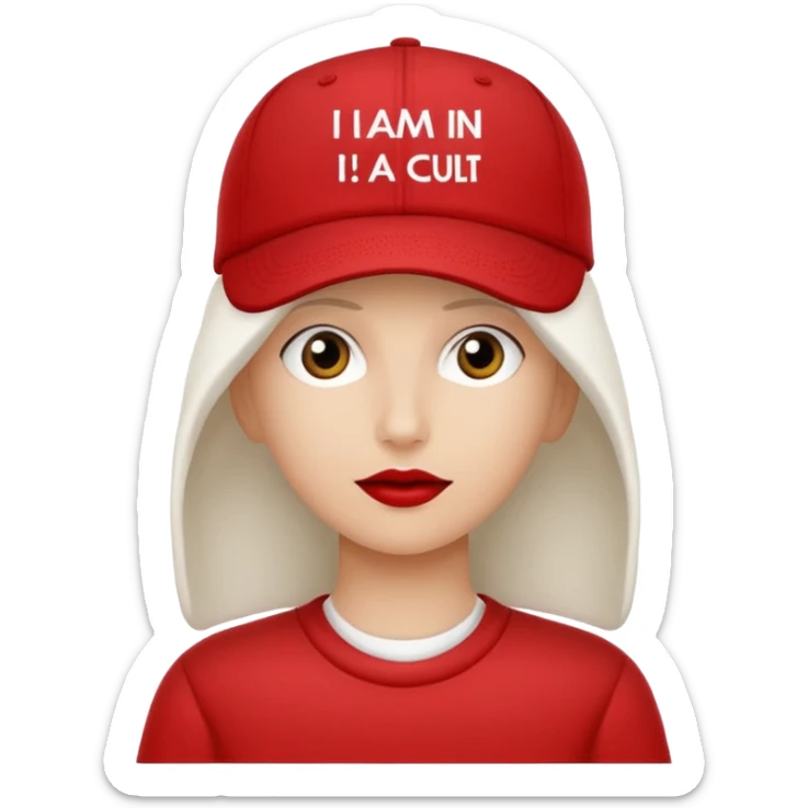 Red cap with no person in it that says "I AM IN A CULT" in white text sticker