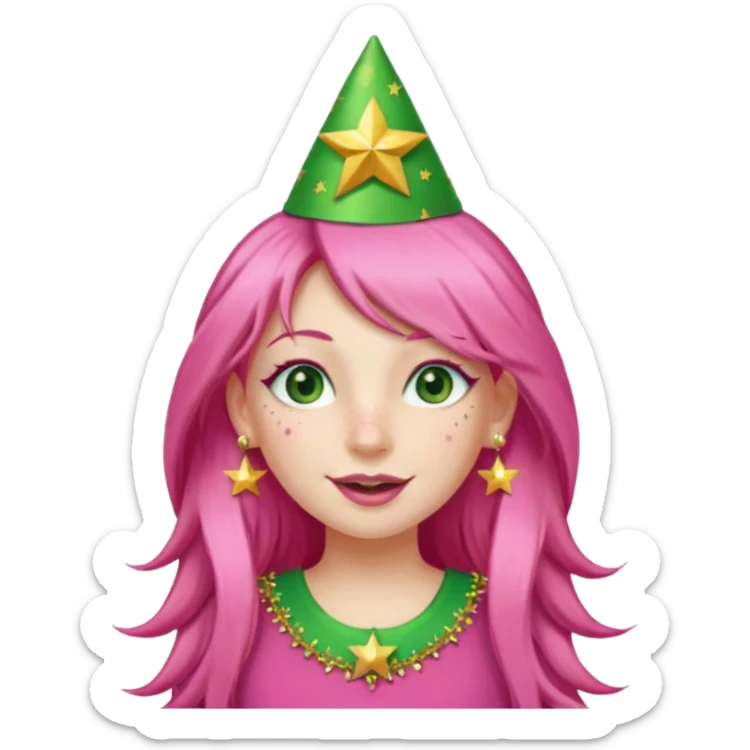 A girl with long pink hair and green eyes with long eyelashes and a happy face. She has freckles and a lit of bit of pink lipstick on her mouth, she’s also got a full gold birthday party hat on her head with gold pom poms on top of it, and her T-shirt is all red, she wore gold star earrings  sticker