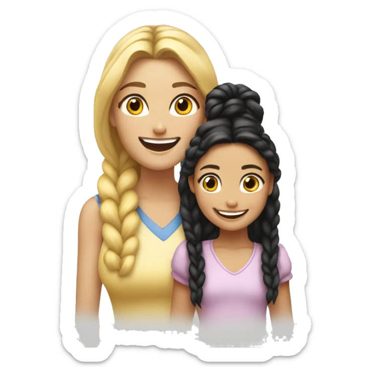 An emoji of a blonde mother with very long hair and a cheerful expression, standing next to her daughter, a small girl with black hair styled in two braids, both smiling happily together sticker