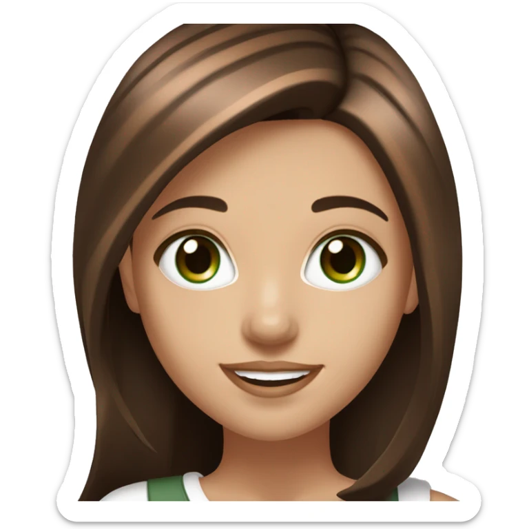 PORTRAIT OF A BRUNETTE GIRL WITH STRAIGHT HAIR WITH COPPER HIGHLIGHTS WITH DARK BRONZE GREEN EYES WITH A PORCELAIN COMPLEXION AND SMILE sticker