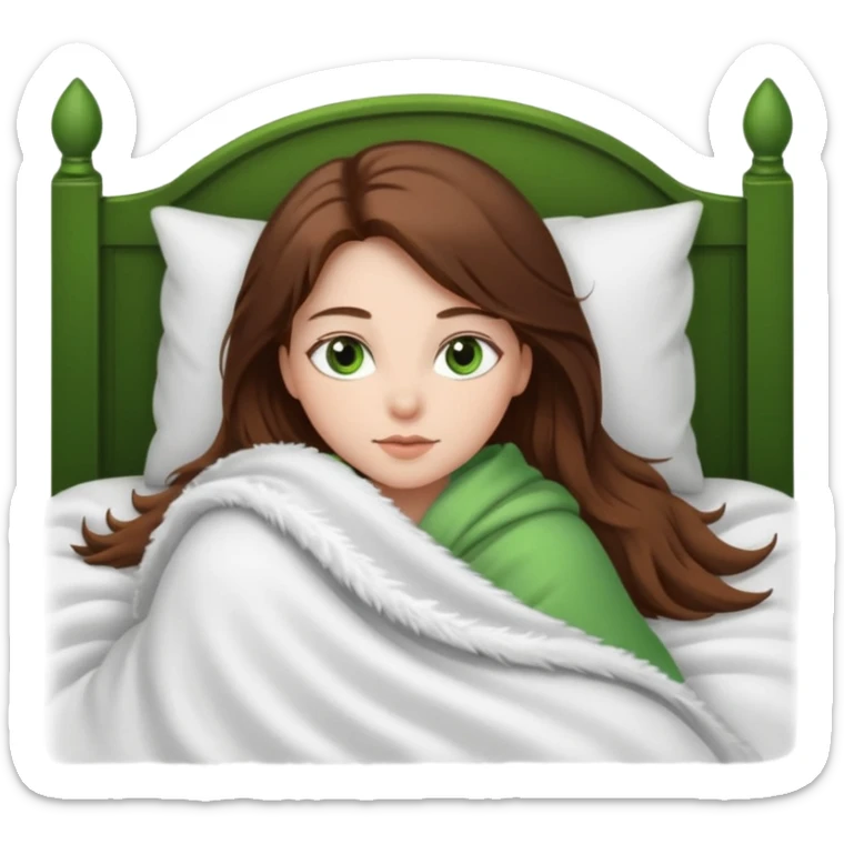 Girl with medium white skin tone and greens eyes and long brown hair laying in bed with a blanket sticker