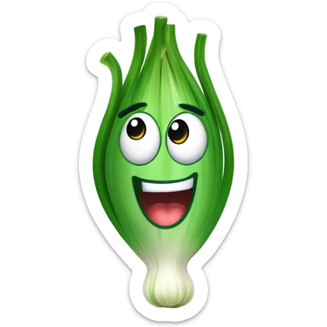 Cheerful green onion with big expressive eyes, a wide smile, and a few green stalks on top. Designed in a cute, cartoonish style with vibrant colors. sticker