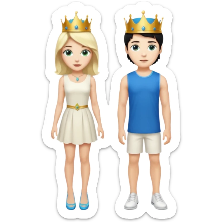 Prince with crown, black hair, body, legst, blue eyes, woman blonde hair, green eyes, sexy white short sleveless dress, shoes sticker
