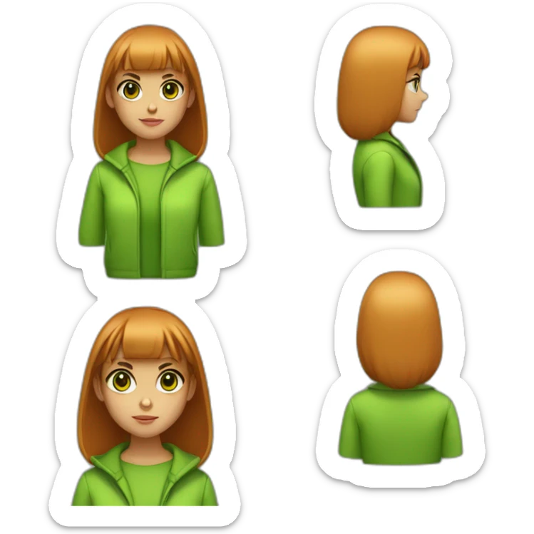 a evil young girl with slightly tanned skin.  straight bangs and dark hair.  she has bright green eyes and an orange coat sticker