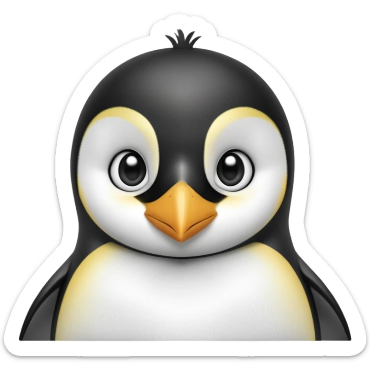cinematic-cute-emperor-penguin-portrait-emoji,-head-tilted-playfully-and-inquisitively,-with-glossy,-pristine-plumage,-sparkling-eyes-filled-with-curiosity,-simplified-yet-irresistibly-adorable-features, black, large black eyes face sticker