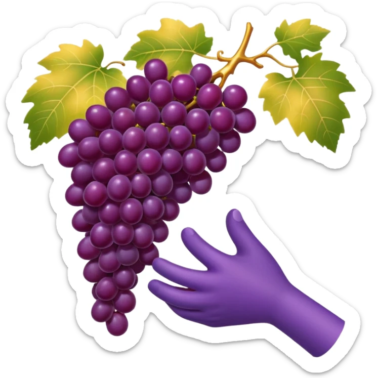 minimal-shaded emoji of a hand picking a ripe shiny purple grape, vineyard under golden sunlight, luxury and elegance sticker