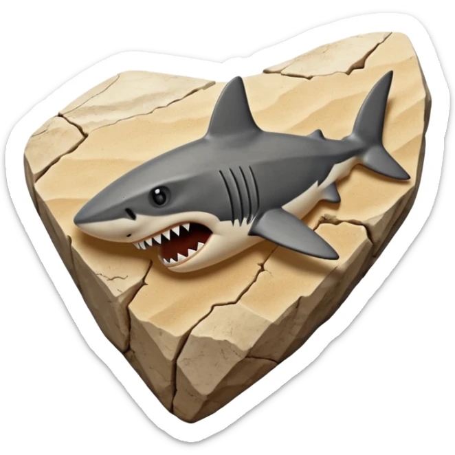 3D render of Shark Tooth, embedded in a chunk of rough sedimentary rock, cracked stone texture, ancient fossil aesthetic, shiny black enamel tooth embedded in beige sand, matte dry finish, Apple emoji style, isolated on white background --v 6.0 sticker