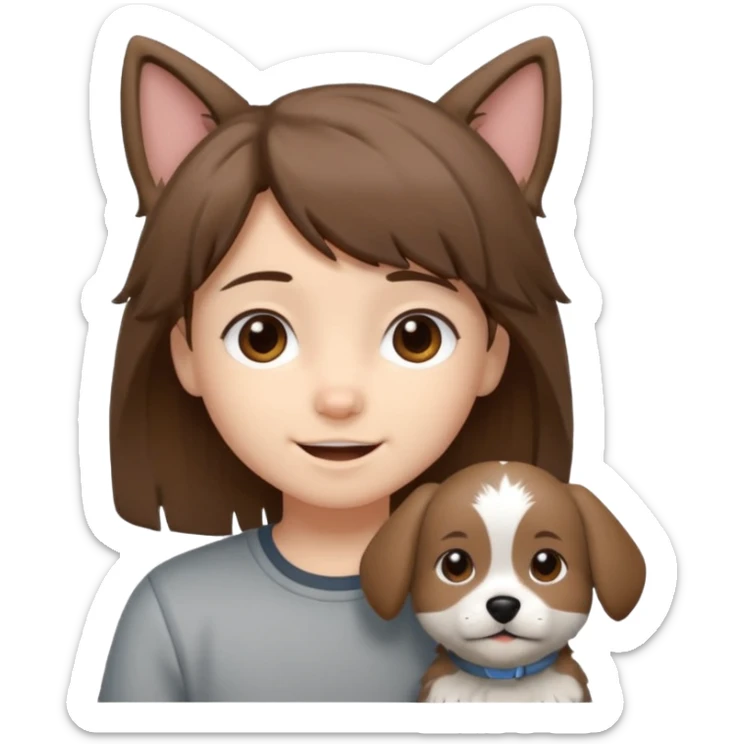 chibi teen with brown hair and her grey dog whos scruffy sticker
