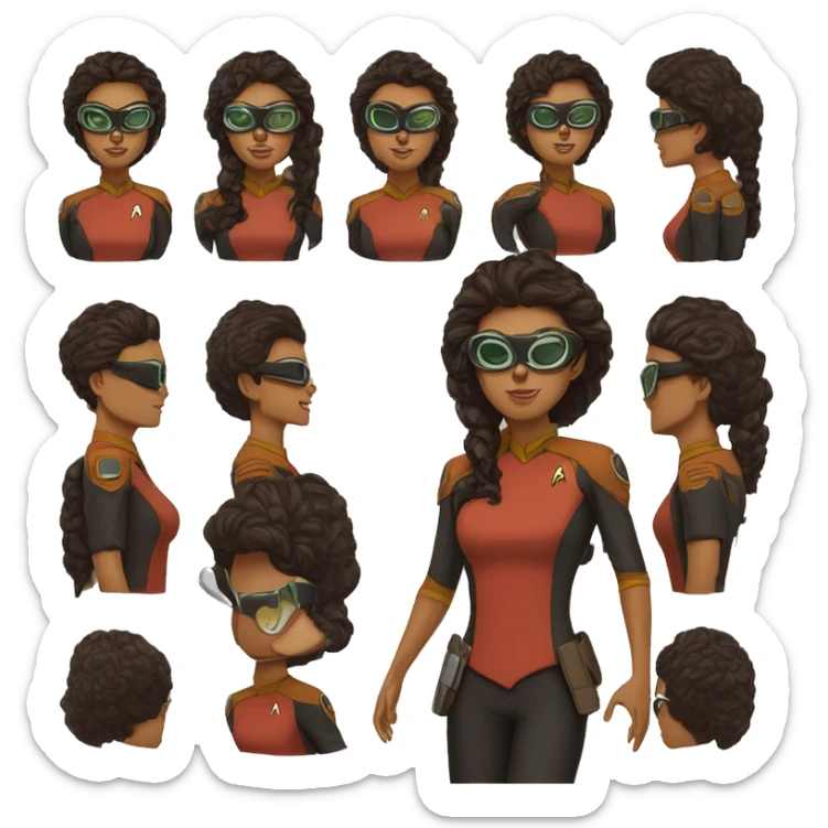 Teniente rosas. De Star Trek. Guapa, de pelo negro y rizado. Piel canela. Lentes sticker