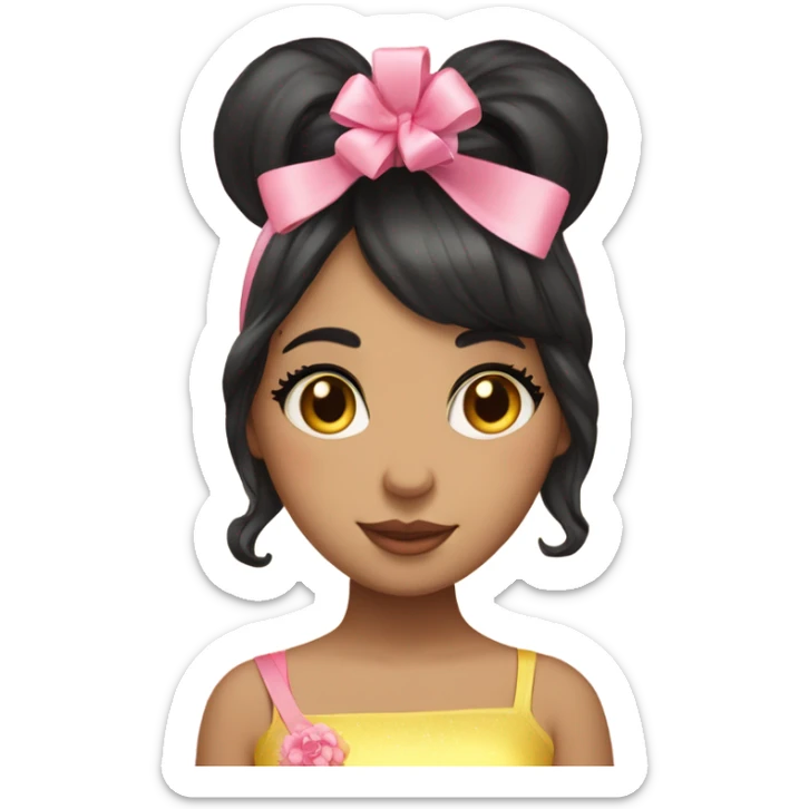 Short dark hair, yellow pink cheeks big lashes girl with a bow on her head. Sparkles bouquet of flowers sticker