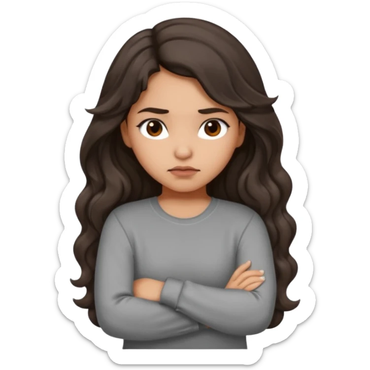 Hispanic girl with long dark brown wavy hair arms folded and  pouting. Gray long sleeve sticker