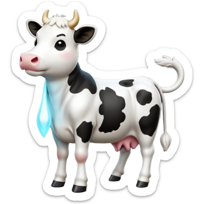 cinematic-[cow]-realistic-full-body-standing-emoji,-tail-flicking-lazily,-head-tilted-dramatically,-sleek-[black and white]-fur,-simplified-yet-realistic-focused-features,-highly-detailed,-glowing-with-an-almost-sarcastic-glow sticker