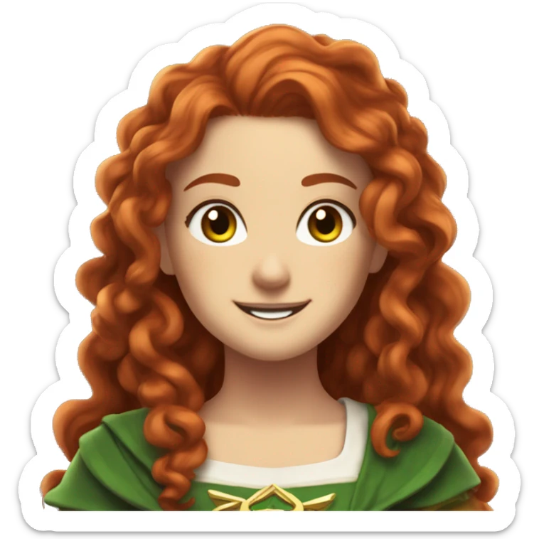 a white girl with long red curly hair and freckles, cosplaying Zelda posing and smiling sticker