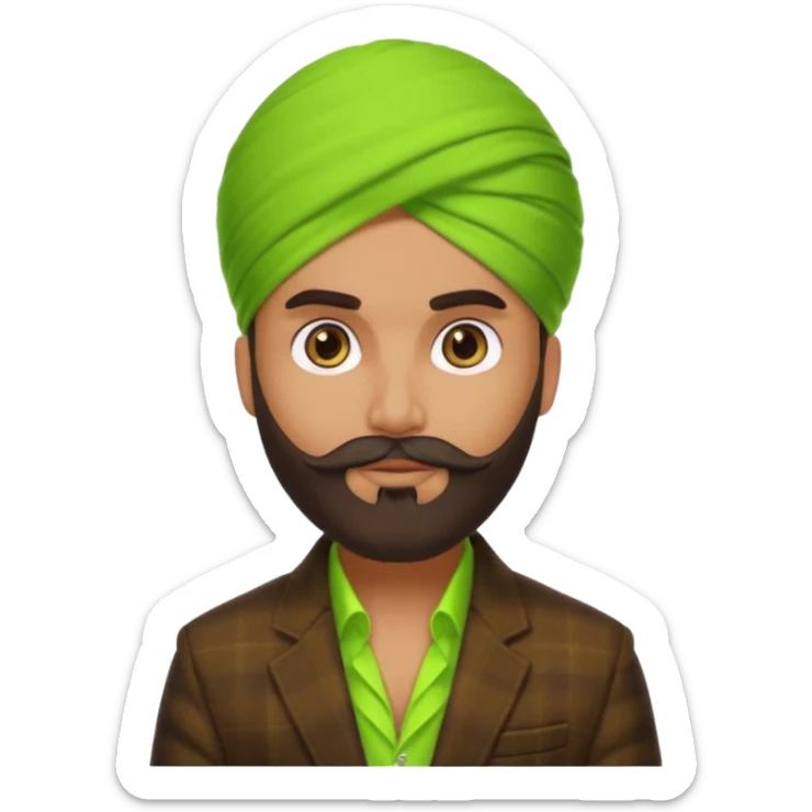 a pretty bratz emoji that looks like a bearded Akshay kumar wearing a neon green turban. Wearing a dark brown flannel blazer sticker