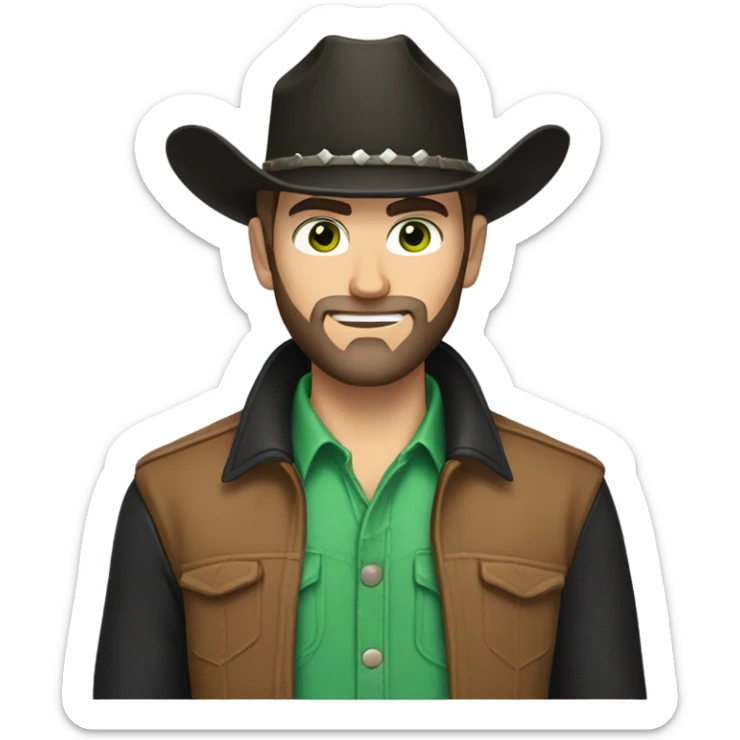 Caucasian male with green eyes, a dark beard dressed as a cowboy with short hair, western hat black sticker