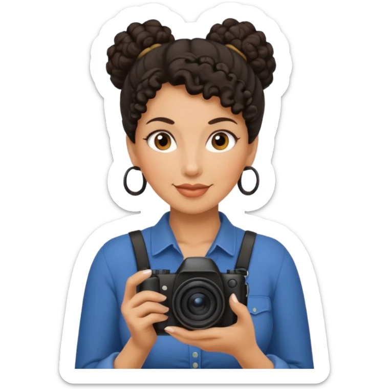 48 year old woman photographer with dark curly hair in a bun sticker