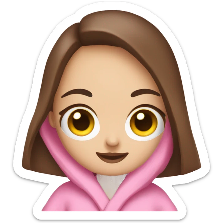 I want a cute female emoji with a round yellow face with big cute eyes with big eyelashes and a feminine mouth and with long dark brown hair and wearing a pink bathrobe sticker