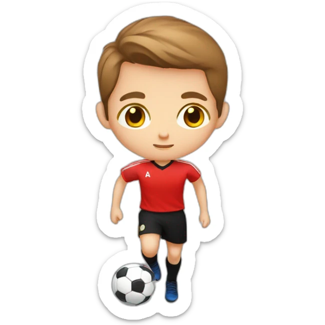 WHITE CHILD, BROWN HAIR, BLACK EYE, STRAIGHT WITH RED SHIRT AND BLACK SHORTS PLAYING SOCCER sticker