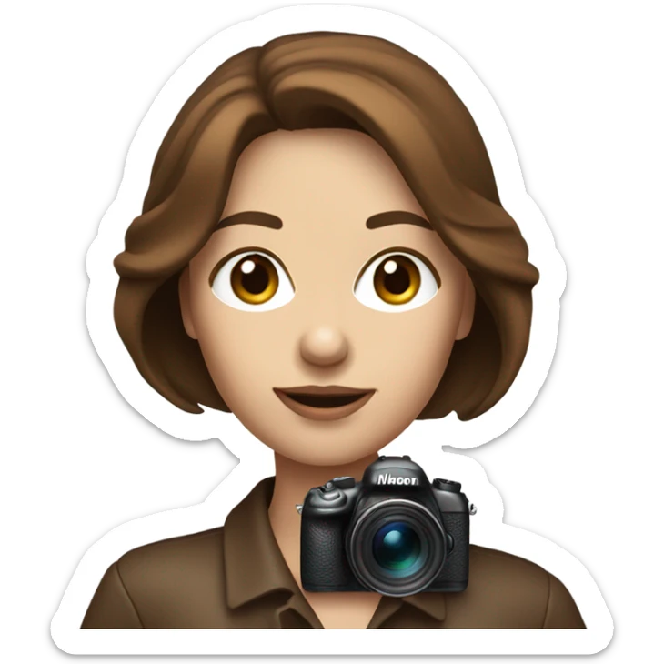 Portrait of stylish woman with blue eyes and brown bob hair holding a nikon camera sticker
