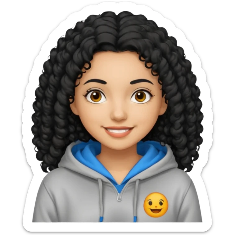 A women with a black curly hair who wear a hoodie and that hoodie have a some smorf sticker