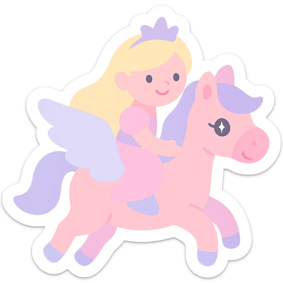 Barbie flying horse princess, fairy tale style, princess riding on flying horse, pink and purple colors, dreamy atmosphere, suitable for children, delicate and cute sticker