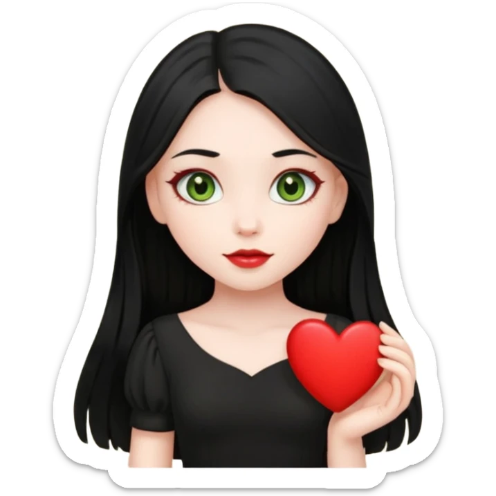 Pale girl with long black hair and olive green eyes wearing black dress and holding a heart sticker