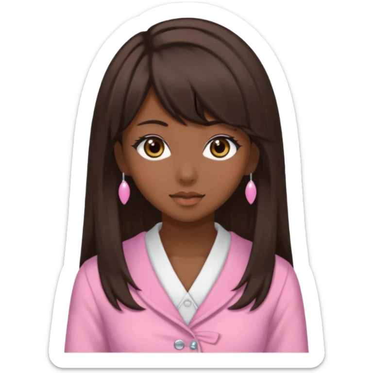 Dark skin, light skin, brown eyes, medium dark brown hair, side bangs, and wears a gyaru outfit  sticker