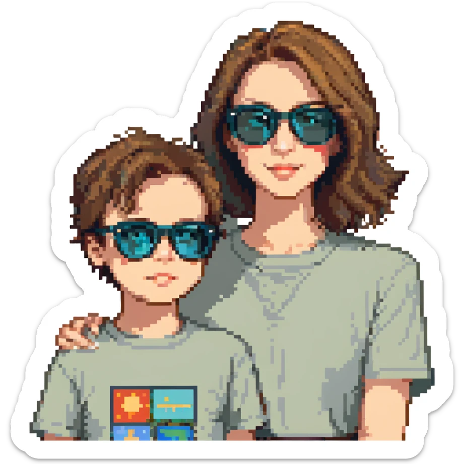 A happy woman with brown hair and a child boy, both wearing Ray-Ban glasses sticker