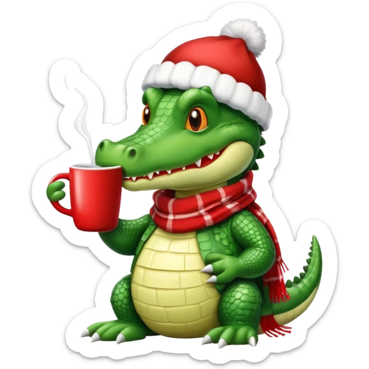 Fun crocodile wearing a winter hat and scarf, holding a warm mug of Bombardino drink sticker