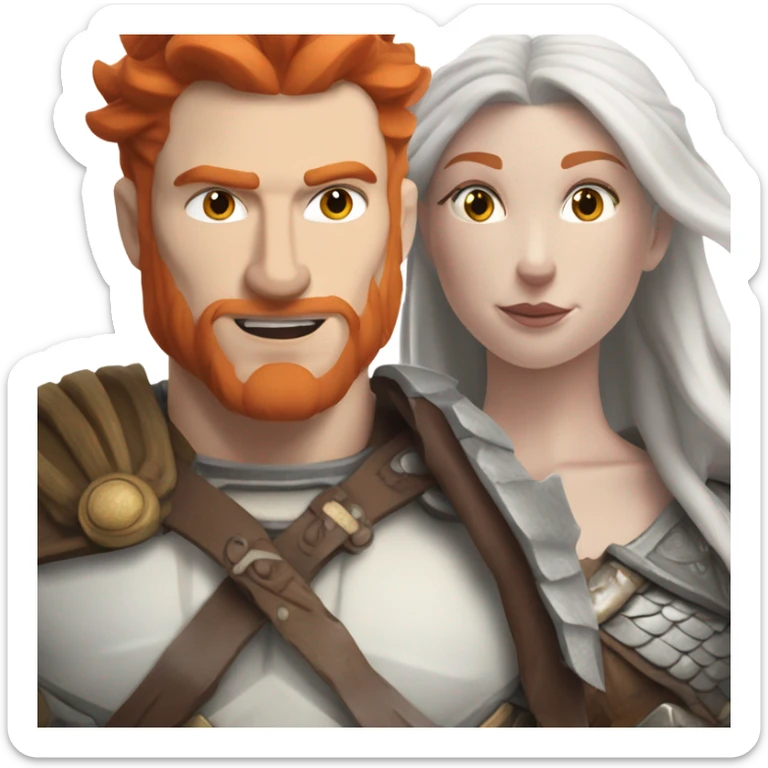  White Viking red head pale skin beautiful dragon  queen with a Viking solder with a gray man bun built white solder on a dragon  sticker