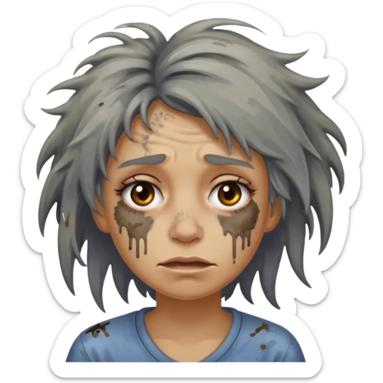 very dirty looking homeless woman very very dirty and smelly looking face only, not old with grey smudges everywhere and messy hair and lots of stains on face ugly and smudged face sticker